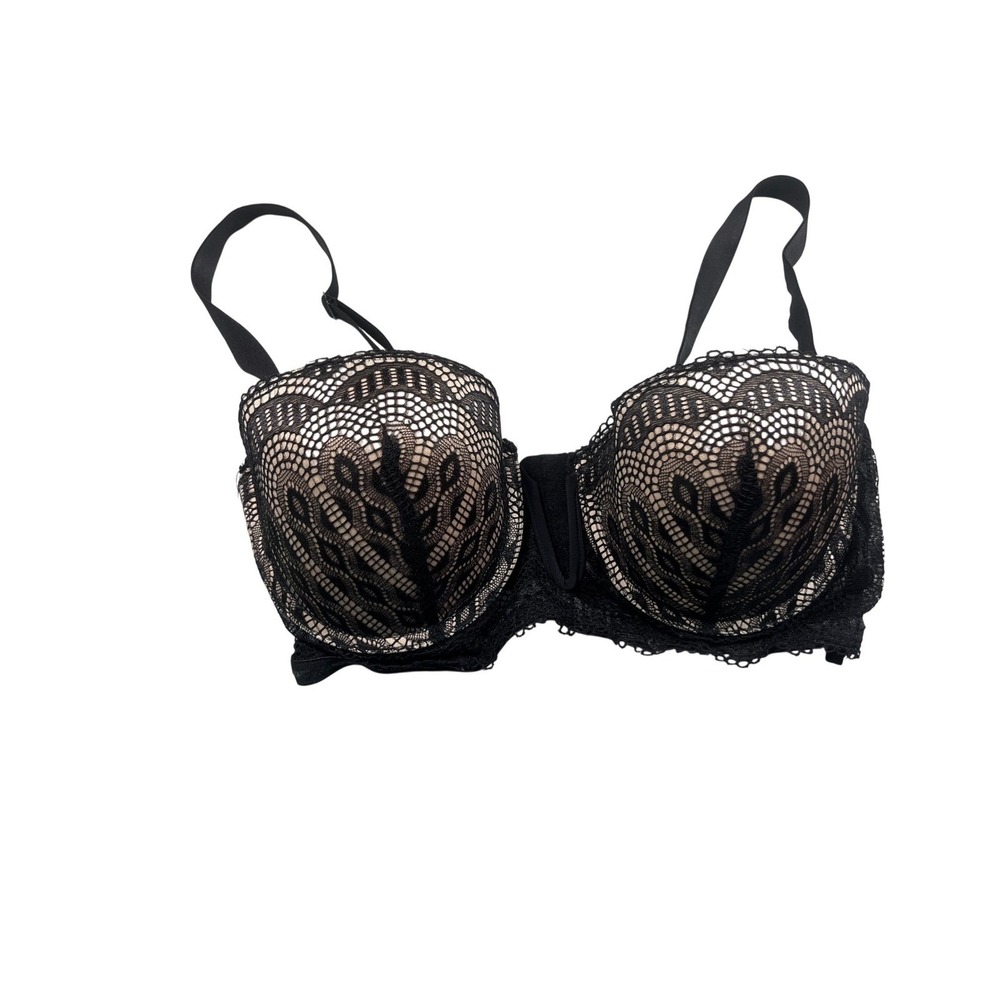 Fredericks of Hollywood Bra 38C Black Nude Lace Push Up Padded Underwire Plunge